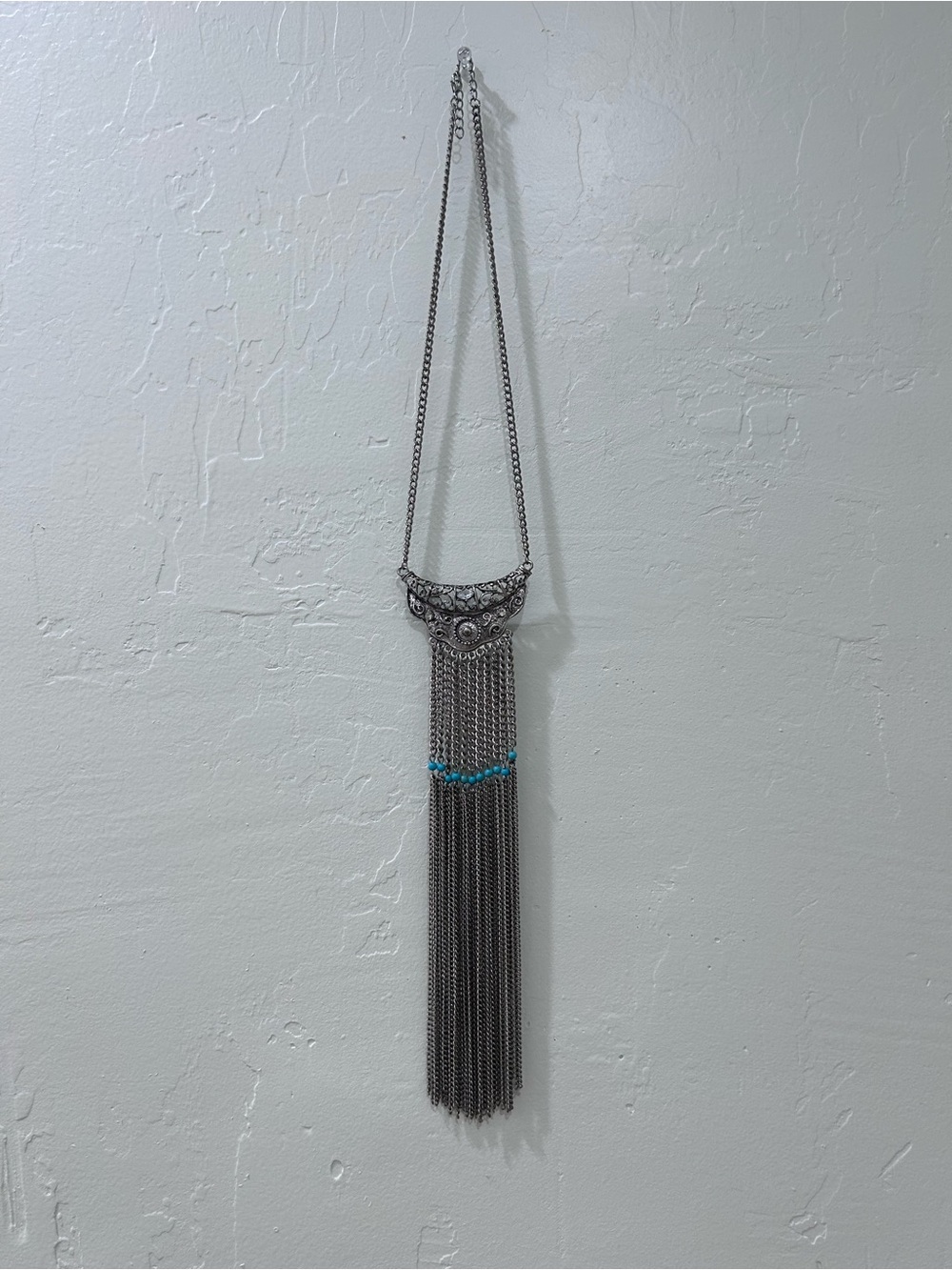 Silver Tassel Fringe Necklace with Turquoise Accent - Unbranded